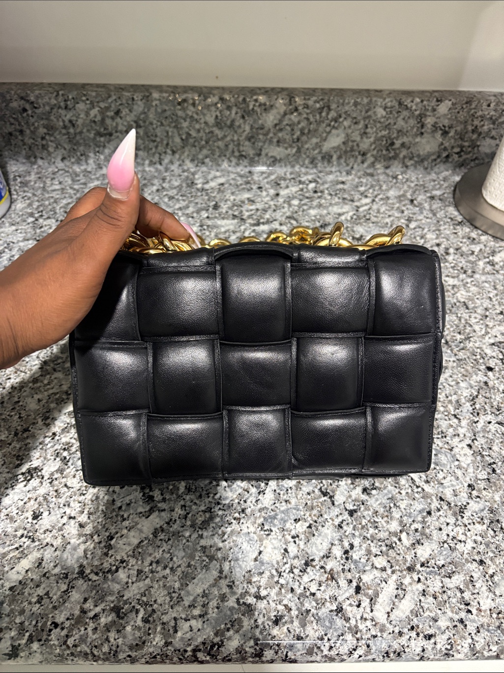 Black Woven Leather Chain Shoulder Bag  Women Bottega Veneta